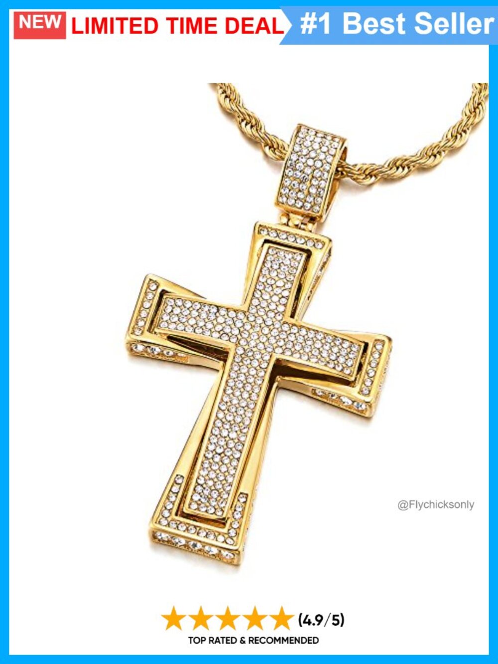 Extra Large Steel Cross Pendant Necklace Cubic Zirconia Wheat Chain